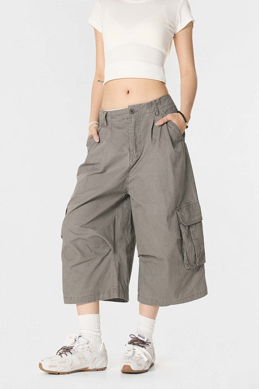 Yiaknis A-Line Cropped Trousers, Cargo Pockets, Grey and Light Grey