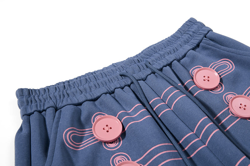 Yiaknis Wide-Leg Sweatpants with Button and Line Print, Pink and Blue