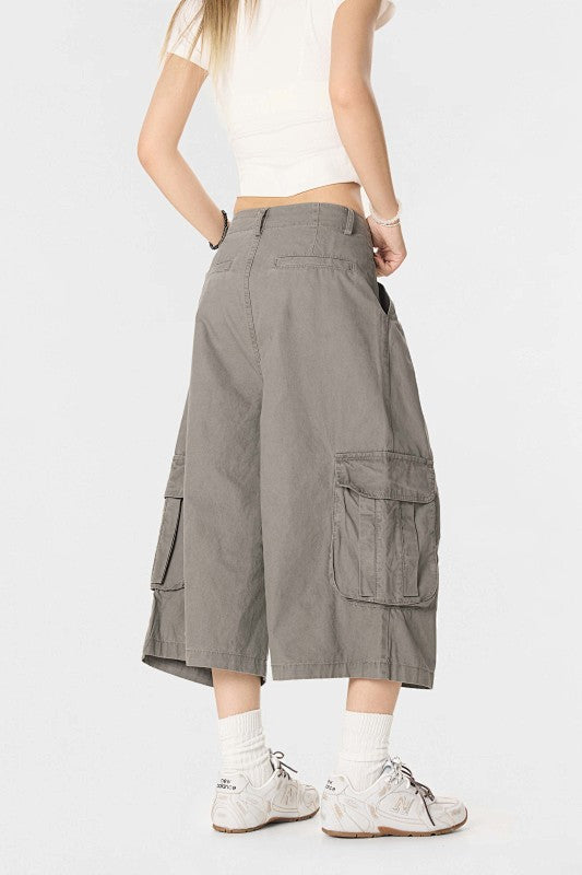 Yiaknis A-Line Cropped Trousers, Cargo Pockets, Grey and Light Grey