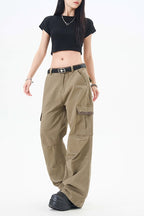 Yiaknis Wide-Leg Cargo Trousers with Flap Pockets, Khaki and Dark Grey – photo 29