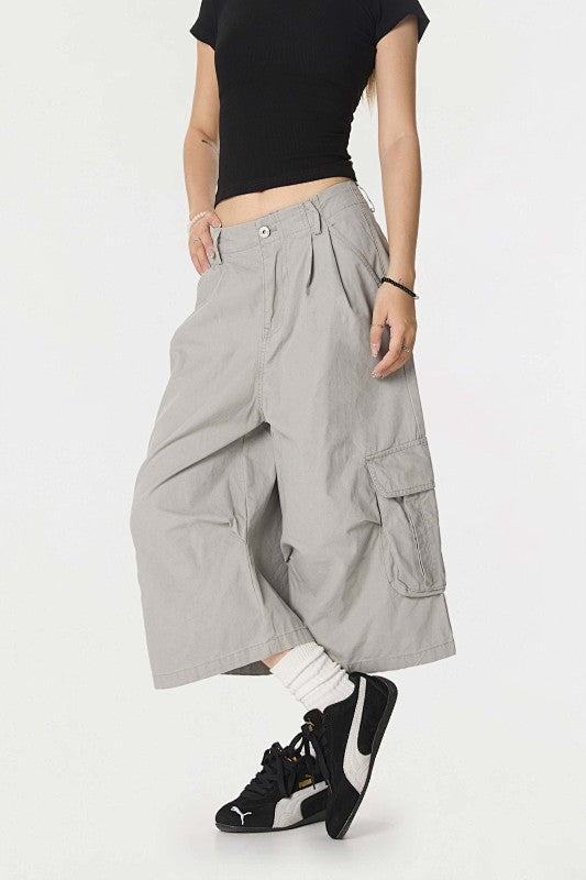 Yiaknis A-Line Cropped Trousers, Cargo Pockets, Grey and Light Grey