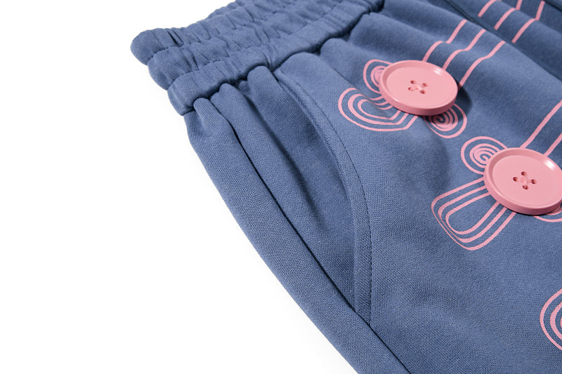 Yiaknis Wide-Leg Sweatpants with Button and Line Print, Pink and Blue