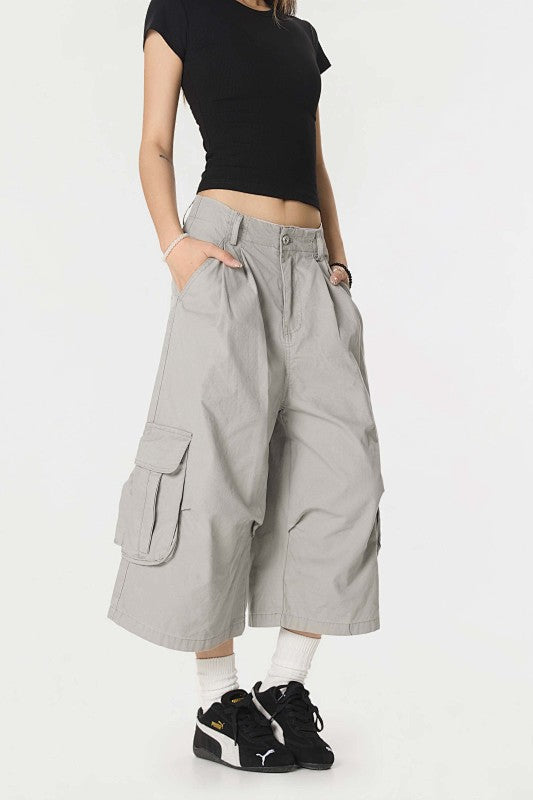 Yiaknis A-Line Cropped Trousers, Cargo Pockets, Grey and Light Grey