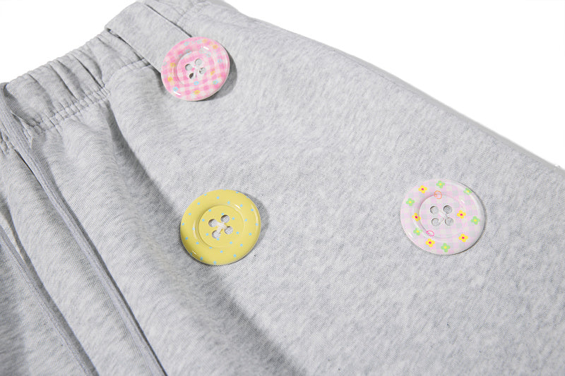Yiaknis Wide-Leg Sweatpants, Colourful Buttons, Black and Light Grey