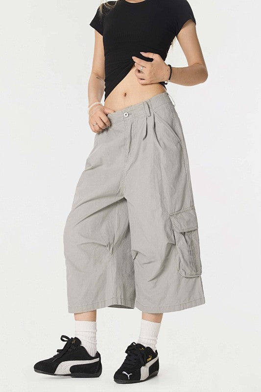 Yiaknis A-Line Cropped Trousers, Cargo Pockets, Grey and Light Grey