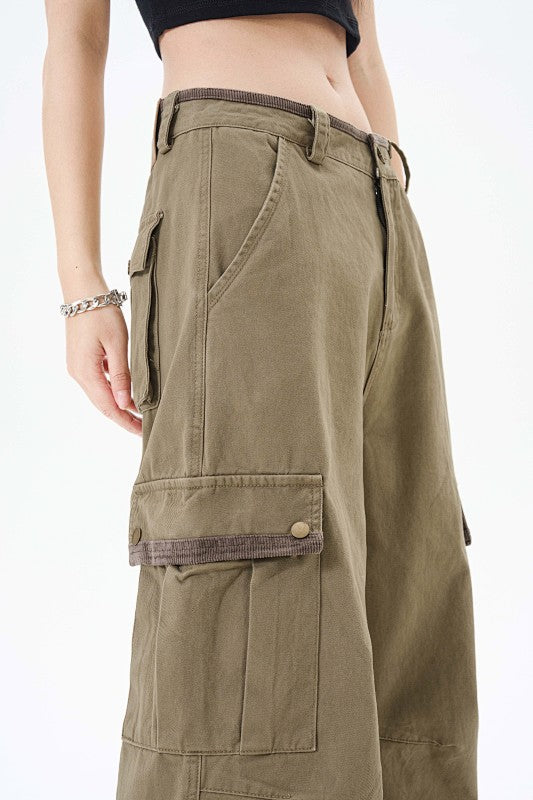 Yiaknis Wide-Leg Cargo Trousers with Flap Pockets, Khaki and Dark Grey – photo 31