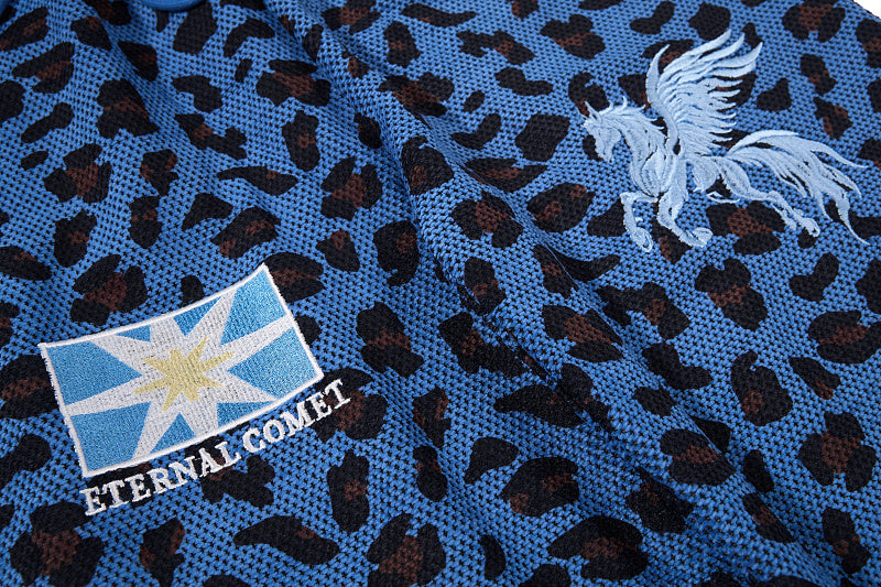 Yiaknis Leopard Print Sweatpants, Embroidered Patch, Grey and Blue