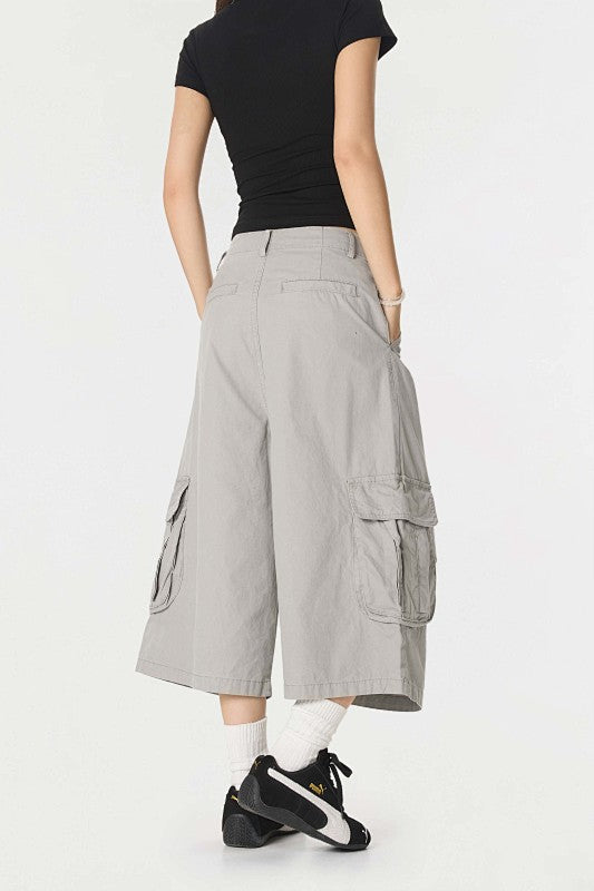 Yiaknis A-Line Cropped Trousers, Cargo Pockets, Grey and Light Grey