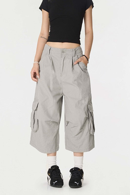 Yiaknis A-Line Cropped Trousers, Cargo Pockets, Grey and Light Grey