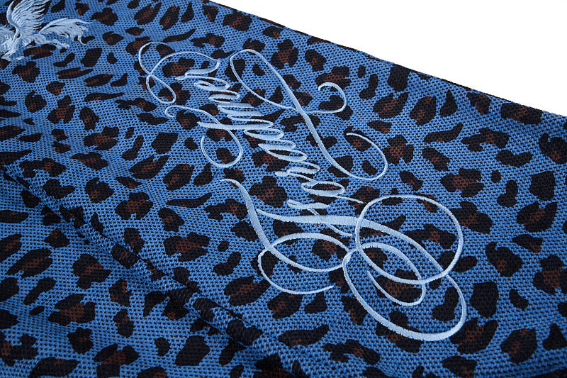 Yiaknis Leopard Print Sweatpants, Embroidered Patch, Grey and Blue