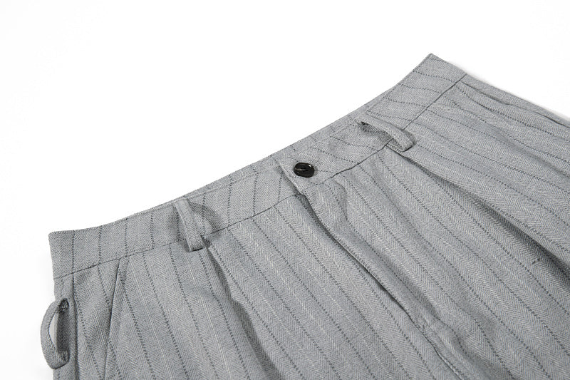 Yiaknis Black and Light Grey Pinstripe Wide-Leg Trousers, Belt Strap