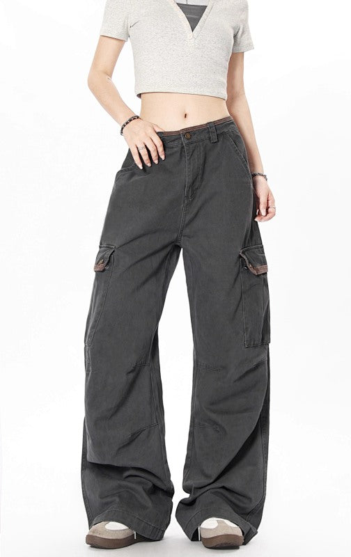 Yiaknis Wide-Leg Cargo Trousers with Flap Pockets, Khaki and Dark Grey – photo 33
