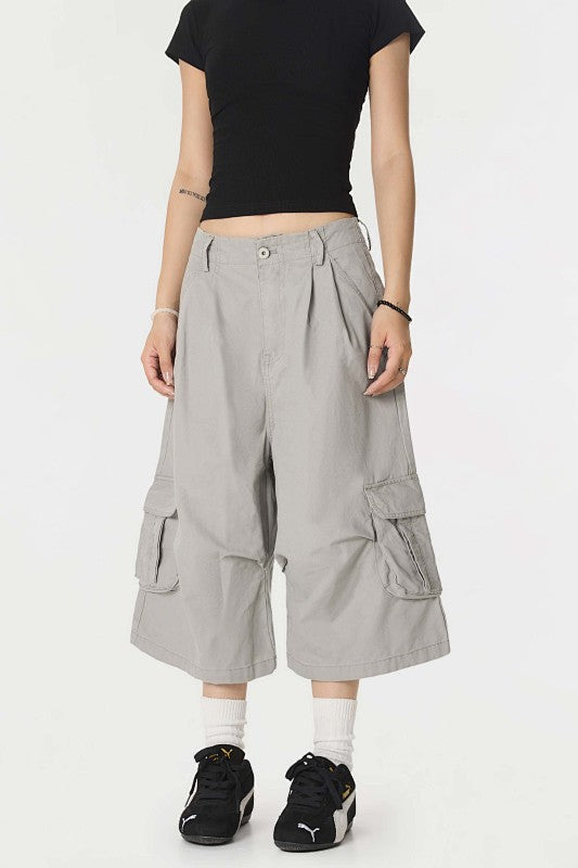 Yiaknis A-Line Cropped Trousers, Cargo Pockets, Grey and Light Grey