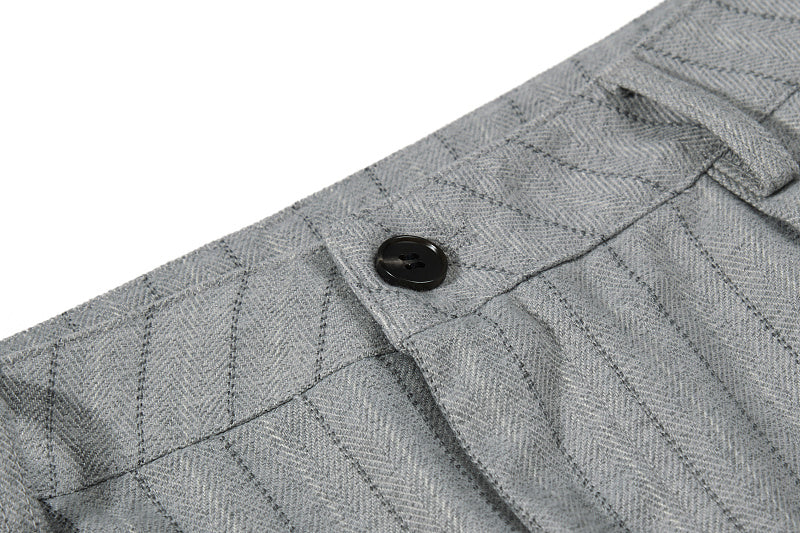 Yiaknis Black and Light Grey Pinstripe Wide-Leg Trousers, Belt Strap