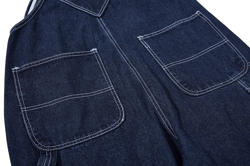 Yiaknis Wide-Leg Denim Overalls, Bib and Cargo Pockets, Dark Blue and Black – photo 34