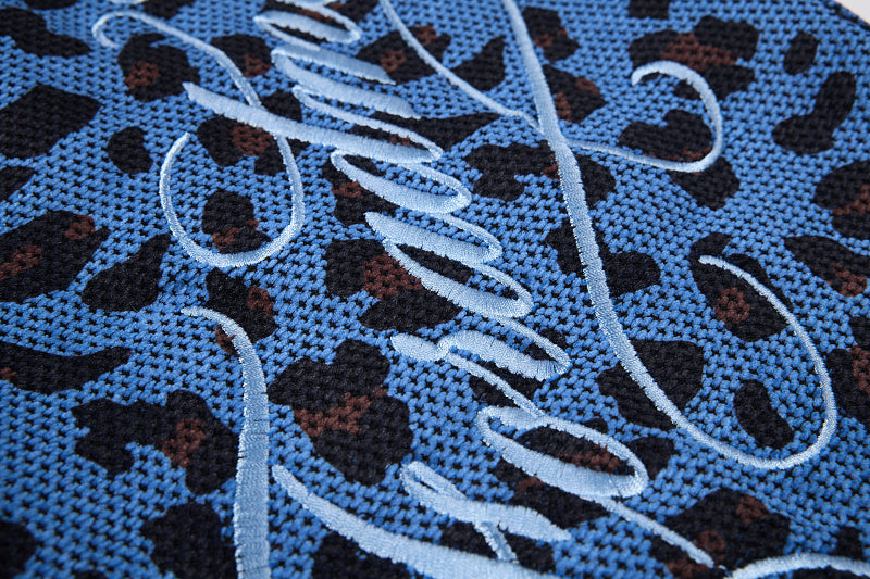Yiaknis Leopard Print Sweatpants, Embroidered Patch, Grey and Blue