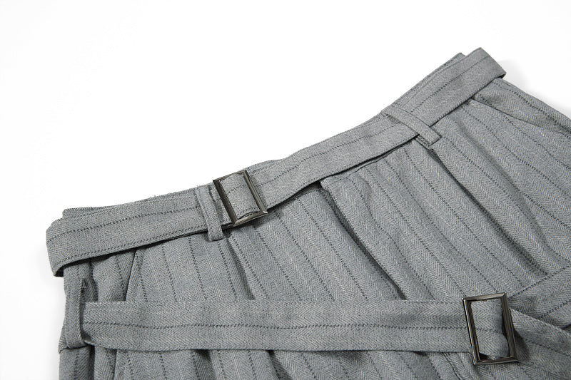 Yiaknis Black and Light Grey Pinstripe Wide-Leg Trousers, Belt Strap