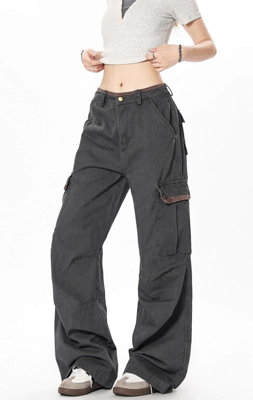 Yiaknis Wide-Leg Cargo Trousers with Flap Pockets, Khaki and Dark Grey – photo 37