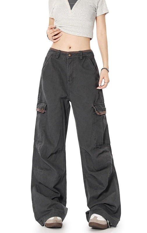 Yiaknis Wide-Leg Cargo Trousers with Flap Pockets, Khaki and Dark Grey – photo 38