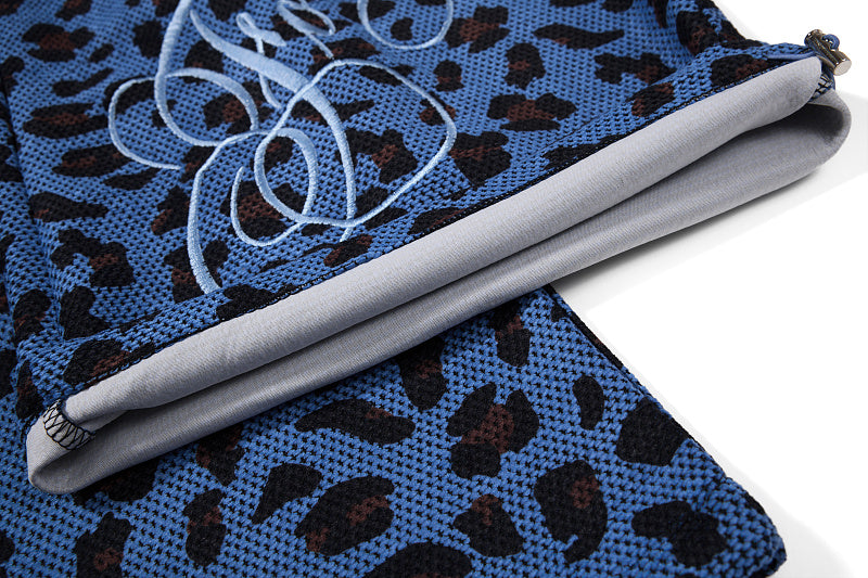Yiaknis Leopard Print Sweatpants, Embroidered Patch, Grey and Blue
