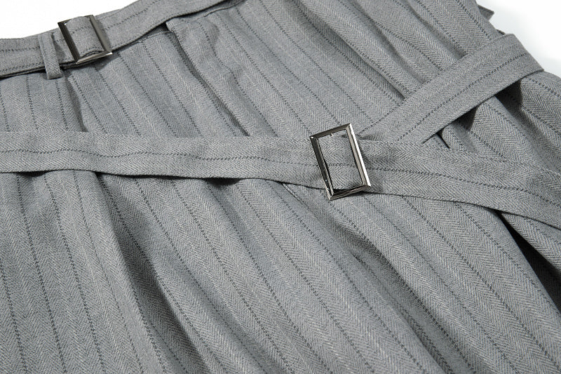 Yiaknis Black and Light Grey Pinstripe Wide-Leg Trousers, Belt Strap