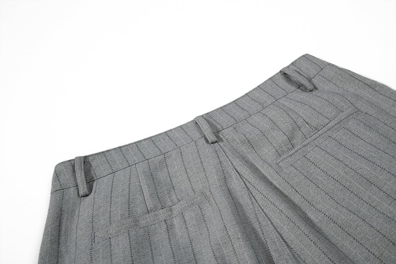Yiaknis Black and Light Grey Pinstripe Wide-Leg Trousers, Belt Strap