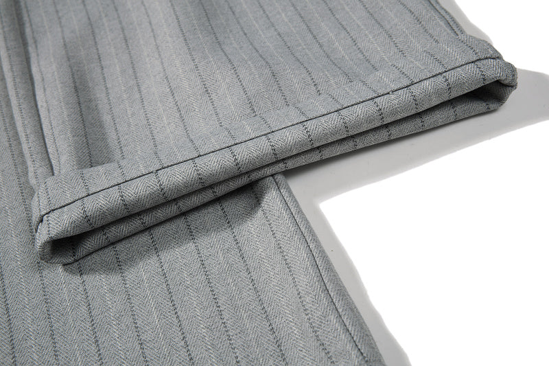 Yiaknis Black and Light Grey Pinstripe Wide-Leg Trousers, Belt Strap