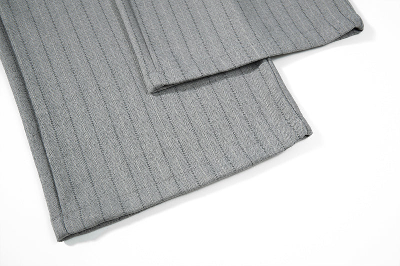 Yiaknis Black and Light Grey Pinstripe Wide-Leg Trousers, Belt Strap