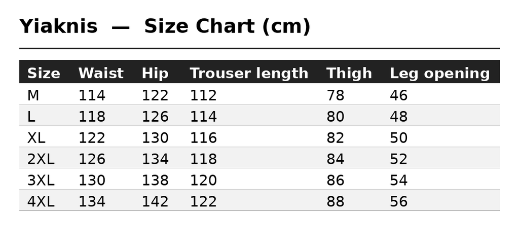 Size Chart (cm)