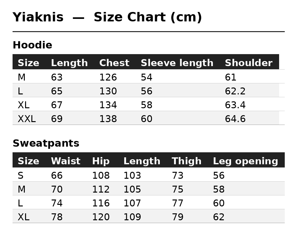 Size Chart (cm)