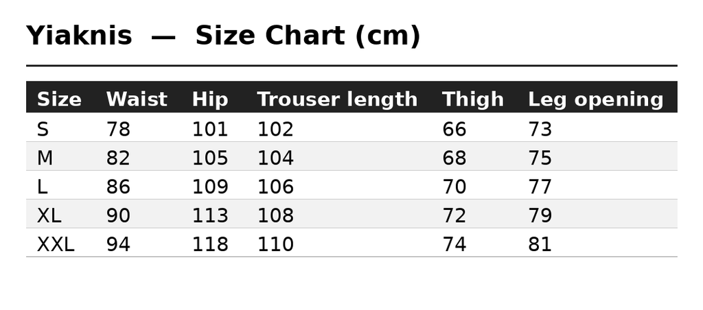 Size Chart (cm)