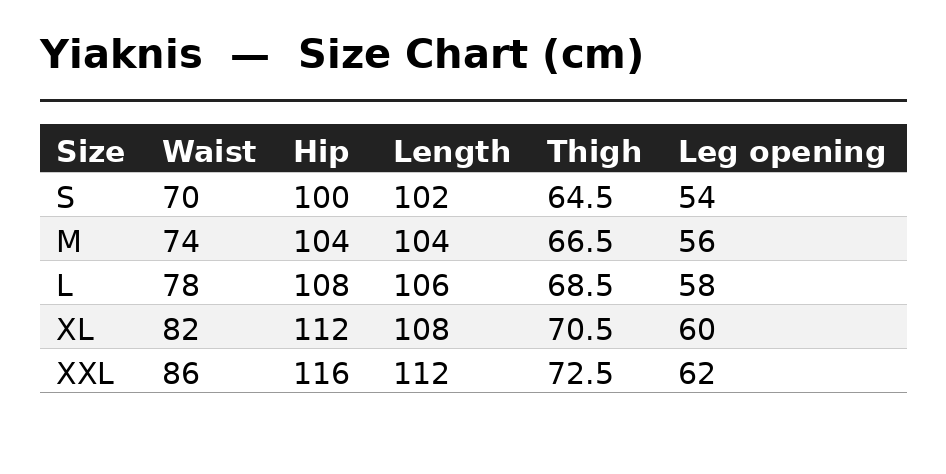 Yiaknis Cargo Trousers, Drawstring Pockets, Khaki and Dark Grey – size chart