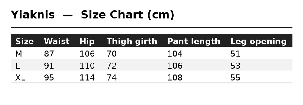 Size Chart (cm)