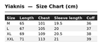Yiaknis T-Shirt with Large Diagonal Calligraphy Print, White and Black – size chart