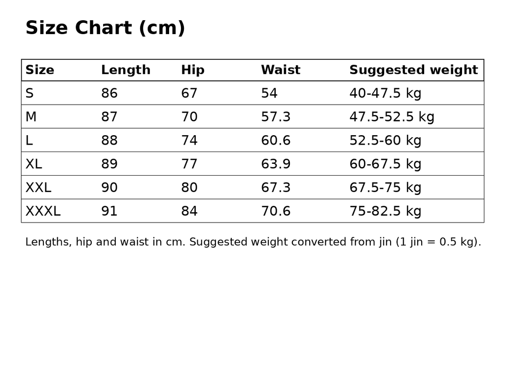 Size chart in cm