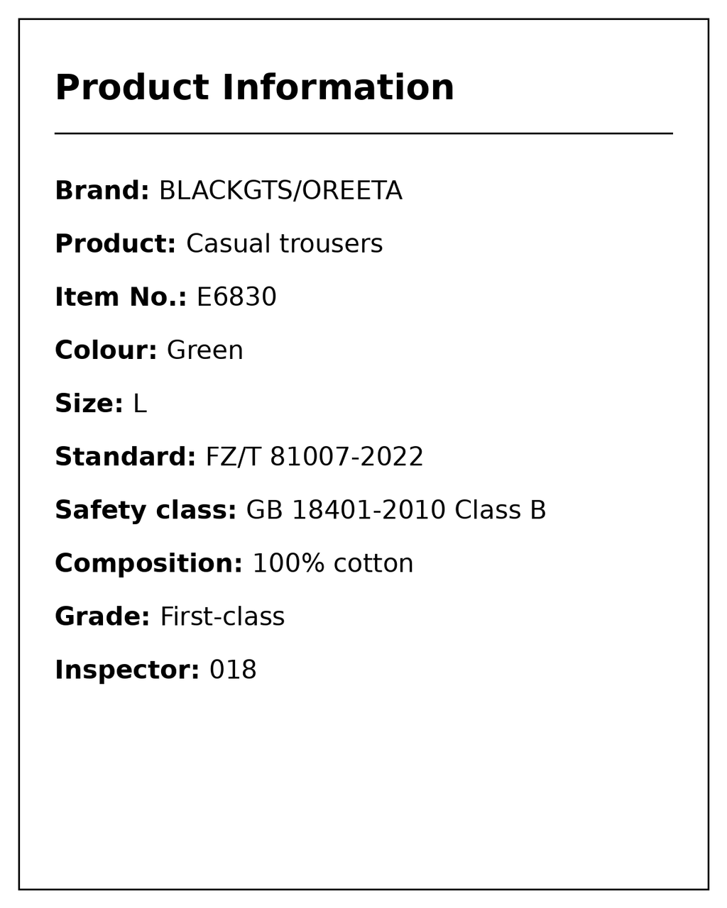 Product information card